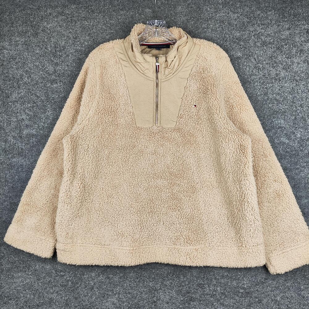 Tommy Hilfiger Jacket Mens XL Beige Sherpa Fleece 1/4 Zip Pockets Pullover